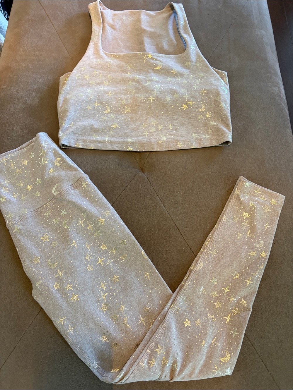 Beyond Yoga Heather Taupe Crop Tank with Gold Celestial Foil